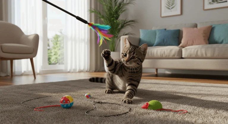 Playful Tabby Cat with Interactive Toys in a Cozy Living Room