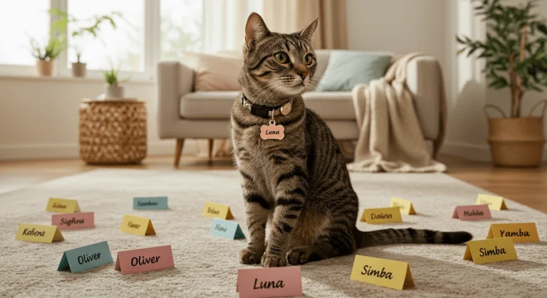 Popular Cat Names - Tabby Cat with Name Tags in a Cozy Setting